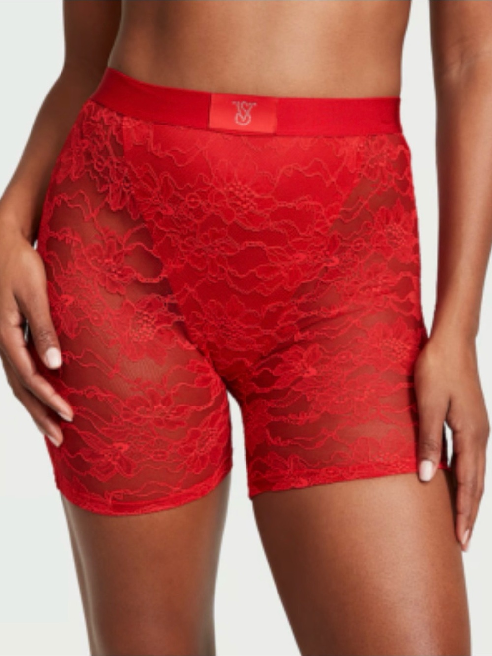 Victoria's Secret Lace Boxer Brief Biker Shorts Red Rhinestone Logo